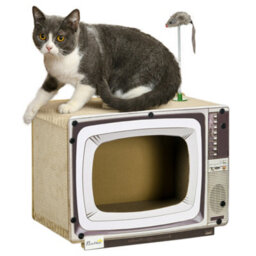 Pawhut Tv-Shaped Cat House, Cardboard With Scratcher Catnip Toy Mouse - thumbnail 2