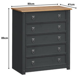 Mercers Furniture Corona Charcoal Small 5 Drawer Chest Of Drawers Solid Wood Pine Wooden Dark Grey Bedroom With Mexican Styling - thumbnail 4