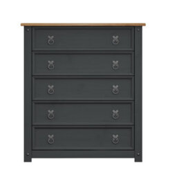 Mercers Furniture Corona Charcoal Small 5 Drawer Chest Of Drawers Solid Wood Pine Wooden Dark Grey Bedroom With Mexican Styling - thumbnail 3