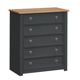 Mercers Furniture Corona Charcoal Small 5 Drawer Chest Of Drawers Solid Wood Pine Wooden Dark Grey Bedroom With Mexican Styling - thumbnail 2