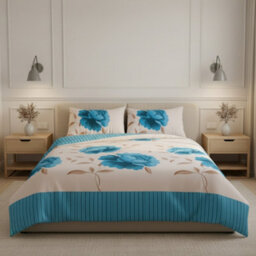 Reversible Floral Duvet Set Elegant Flower Stripe Pattern Bedding For Home Decor Teal - thumbnail 1
