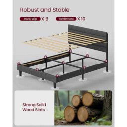 Double Bed Frame With Adjustable Upholstered Headboard, Wooden Slats, Modern Metal Frame, Slate Grey - thumbnail 4