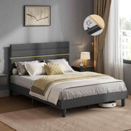 Double Bed Frame With Adjustable Upholstered Headboard, Wooden Slats, Modern Metal Frame, Slate Grey