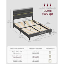 Double Bed Frame With Adjustable Upholstered Headboard, Wooden Slats, Modern Metal Frame, Slate Grey - thumbnail 2