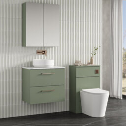 Nuie Arno Wall Hung 2-Drawer Vanity Unit With Laminate Worktop In Satin Green Premium Counter Top Vanity Unit In Satin Green - thumbnail 2