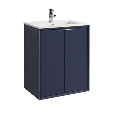 Homestylestore Navy Blue 610mm Wall Hung Bathroom Vanity Unit With Basin And Chrome Finger Pull Handle - image 1