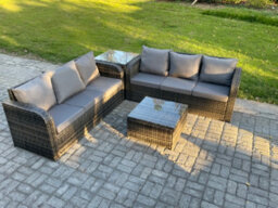 Fimous Indoor Outdoor Rattan Garden Furniture 6 Seater Set Table Sofa Chair Patio Conservatory With Grey Cushions Side Table - thumbnail 2