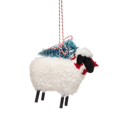 Sass & Belle Christmas Felt Sheep With Tree Hanging Decoration, 11 X 11.5 X 4 Cm, White