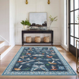 London Boutique 140X200Cm Mushroom Butterfly Area Rug, Washable Non-Slip Low Pile Carpet For Nursery, Bedroom, Living Room, Blue - thumbnail 3