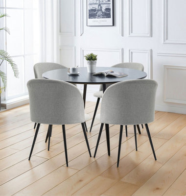 Hallowood Furniture Cullompton Large Round Black Dining Table 120Cm With 4 Curved-Back Light Grey Fabric Chairs - image 1