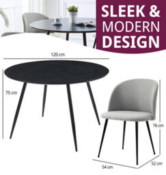 Hallowood Furniture Cullompton Large Round Black Dining Table 120Cm With 4 Curved-Back Light Grey Fabric Chairs - thumbnail 3