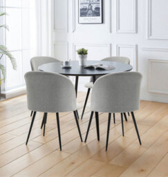 Hallowood Furniture Cullompton Large Round Black Dining Table 120Cm With 4 Curved-Back Light Grey Fabric Chairs - thumbnail 1