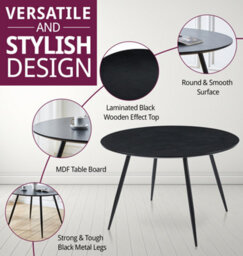 Hallowood Furniture Cullompton Large Round Black Dining Table 120Cm With 4 Curved-Back Light Grey Fabric Chairs - thumbnail 4