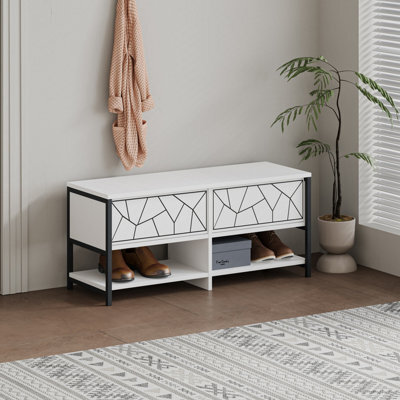 Decortie Modern Inola Shoe Bench White Engineered Wood Geometric Laser-Cut Shape On 2-Door Cupboard 105(W)Cm Metal Legs Hallway - image 1