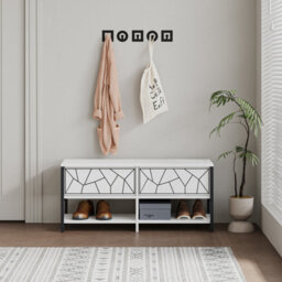 Decortie Modern Inola Shoe Bench White Engineered Wood Geometric Laser-Cut Shape On 2-Door Cupboard 105(W)Cm Metal Legs Hallway - thumbnail 5
