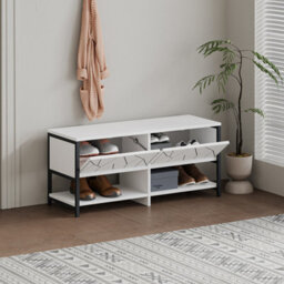 Decortie Modern Inola Shoe Bench White Engineered Wood Geometric Laser-Cut Shape On 2-Door Cupboard 105(W)Cm Metal Legs Hallway - thumbnail 4