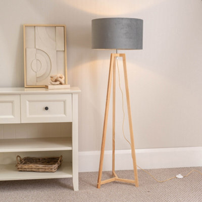 Valuelights Lottie Natural Wood Tripod Floor Lamp With Grey Velvet Drum Shade - image 1