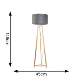 Valuelights Lottie Natural Wood Tripod Floor Lamp With Grey Velvet Drum Shade - thumbnail 4