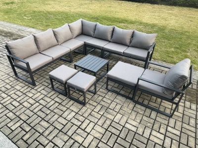 Fimous Aluminium Outdoor Garden Furniture Set Lounge Corner Sofa Square Coffee Table Chair Sets With 3 Footstools