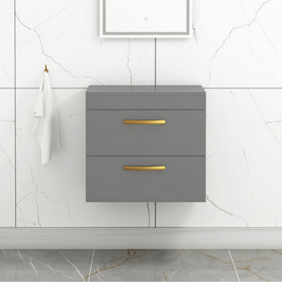 Royal Bathrooms 600mm Wall Hung Vanity Unit 2 Drawer Indigo Grey Gloss - Storage Cabinetwith Brushed Brass Handle - image 1
