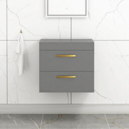 Royal Bathrooms 600mm Wall Hung Vanity Unit 2 Drawer Indigo Grey Gloss - Storage Cabinetwith Brushed Brass Handle - thumbnail 1