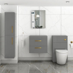 Royal Bathrooms 600mm Wall Hung Vanity Unit 2 Drawer Indigo Grey Gloss - Storage Cabinetwith Brushed Brass Handle - thumbnail 2