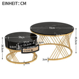 HomeTouch Set Of 2 Marble Effect Round Coffee Table With Rattan Drawers And Wood Handles Black Nesting Table - thumbnail 8