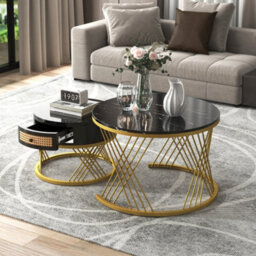 HomeTouch Set Of 2 Marble Effect Round Coffee Table With Rattan Drawers And Wood Handles Black Nesting Table
