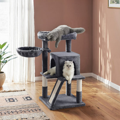 LEDREM Small Cat Tree, Cat Tower With Widened Perch For Large Cats Indoor, Kittens, Scratching Posts And Ramp, Dark Grey - image 1