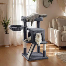LEDREM Small Cat Tree, Cat Tower With Widened Perch For Large Cats Indoor, Kittens, Scratching Posts And Ramp, Dark Grey - thumbnail 2