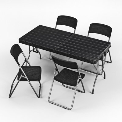 Urbn-Garden Urbngarden 151Cm Width 5Ft Black Rattan Wood Look Folding Table And 4 Chairs Set Garden Patio Furniture - image 1
