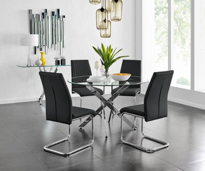 Furniturebox Uk Novara Chrome Metal And Glass Large Round Dining Table And 4 Black Lorenzo Chairs Set - image 1