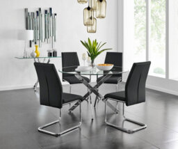 Furniturebox Uk Novara Chrome Metal And Glass Large Round Dining Table And 4 Black Lorenzo Chairs Set - thumbnail 1