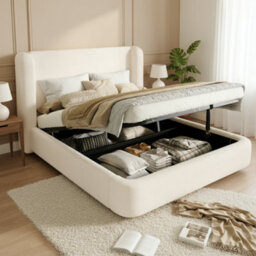 Modernluxe 5Ft King Bed, Ottoman Bed, (150 X 200 Cm), With Extra Thick Wingback Headboard, Bouclé, Cream White - thumbnail 1