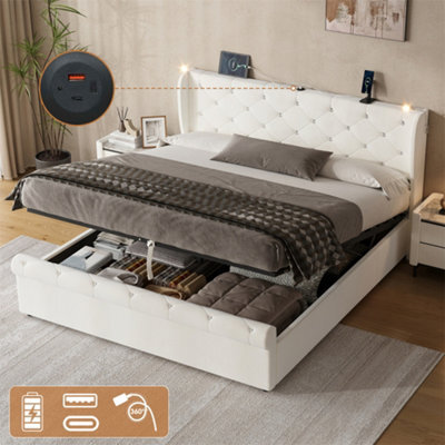 Abrihome 5Ft King Velvet Bed Frame With Hydraulic Storage, Diamond Tufted Headboard With Usb-C Ports, Light & Charging Station, Beige - image 1