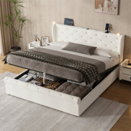 Abrihome 5Ft King Velvet Bed Frame With Hydraulic Storage, Diamond Tufted Headboard With Usb-C Ports, Light & Charging Station, Beige - thumbnail 6