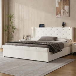 Abrihome 5Ft King Velvet Bed Frame With Hydraulic Storage, Diamond Tufted Headboard With Usb-C Ports, Light & Charging Station, Beige - thumbnail 7