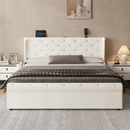 Abrihome 5Ft King Velvet Bed Frame With Hydraulic Storage, Diamond Tufted Headboard With Usb-C Ports, Light & Charging Station, Beige - thumbnail 8