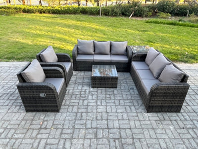 Fimous High Back Rattan Garden Furniture Set With Square Coffee Table Side Table Patio Lounge Sofa Set Dark Grey Mixed - image 1