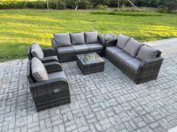 Fimous High Back Rattan Garden Furniture Set With Square Coffee Table Side Table Patio Lounge Sofa Set Dark Grey Mixed - thumbnail 2