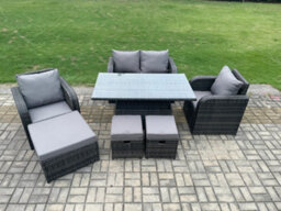 Fimous Rattan Furniture Garden Dining Set Height Adjustable Rising Lifting Table Love Sofa Chair Set For Balcony