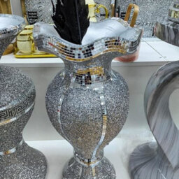 Biznest Crushed Diamond Ceramic Silver Vase With Dual Design Decoration Ornament