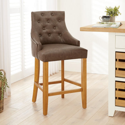 The Furniture Market Luxury Vintage Brown Faux Leather Scoop Back Kitchen Counter Bar Stool Quilted Button Back Stud Detailing Solid Wood Frame - image 1