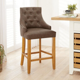 The Furniture Market Luxury Vintage Brown Faux Leather Scoop Back Kitchen Counter Bar Stool Quilted Button Back Stud Detailing Solid Wood Frame - thumbnail 1