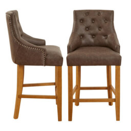 The Furniture Market Luxury Vintage Brown Faux Leather Scoop Back Kitchen Counter Bar Stool Quilted Button Back Stud Detailing Solid Wood Frame - thumbnail 5