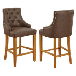 The Furniture Market Luxury Vintage Brown Faux Leather Scoop Back Kitchen Counter Bar Stool Quilted Button Back Stud Detailing Solid Wood Frame - thumbnail 4