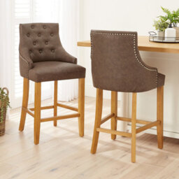 The Furniture Market Luxury Vintage Brown Faux Leather Scoop Back Kitchen Counter Bar Stool Quilted Button Back Stud Detailing Solid Wood Frame - thumbnail 3