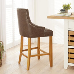 The Furniture Market Luxury Vintage Brown Faux Leather Scoop Back Kitchen Counter Bar Stool Quilted Button Back Stud Detailing Solid Wood Frame - thumbnail 2