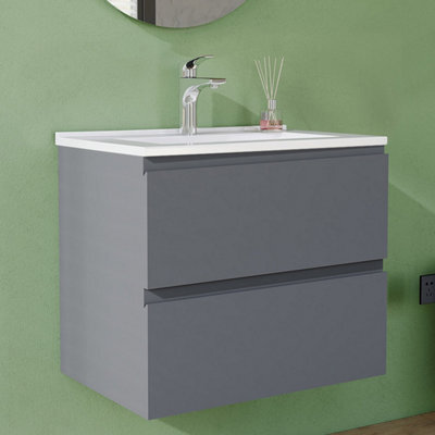 AVER-GROWTH 600mm Vanity Unit With Basin High Gloss Grey Ceramic Sink Wall Hung Bathroom Storage Cabinet Soft Close Hinges 2 Drawers