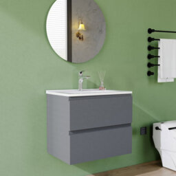 AVER-GROWTH 600mm Vanity Unit With Basin High Gloss Grey Ceramic Sink Wall Hung Bathroom Storage Cabinet Soft Close Hinges 2 Drawers - thumbnail 2